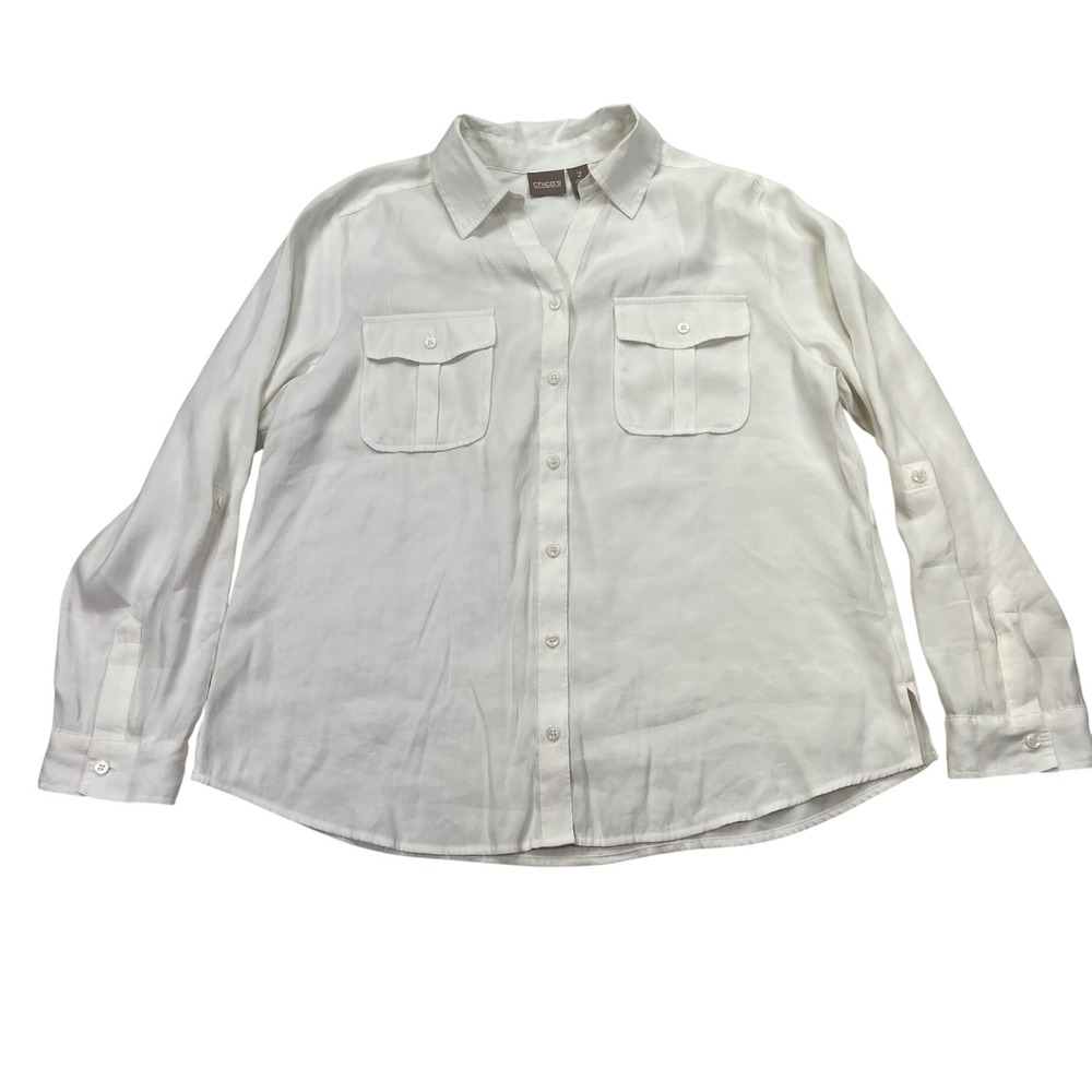 Chico's Silky Chic Sophia Long Sleeve Roll Tab White Blouse Large Modal Blend